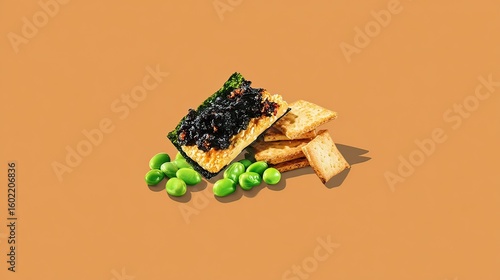 Seaweed cracker snack with edamame, crackers, orange background
