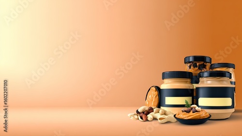 Nut butter jars, nuts, studio shot, orange background, food advertising