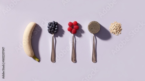 Spoons of banana, berries, powder, oats; smoothie recipe, studio background