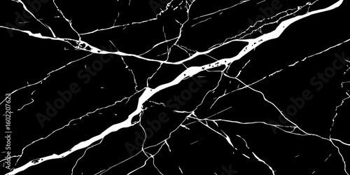 "A striking, high-contrast black and white abstract pattern resembling fractured glass or lightning bolts across a dark sky, emphasizing sharp lines and dynamic tension."