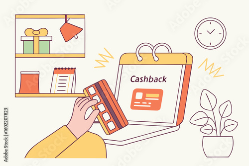 Utilizing cashback rewards while shopping online during a cozy afternoon at home with a stylish interior setup