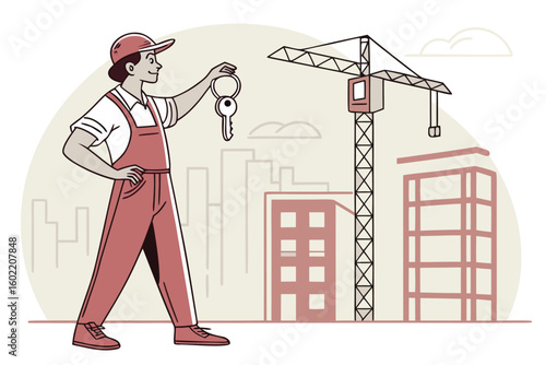 Construction worker holds keys outside a building site showcasing a crane and under-construction structures in a cityscape during the day