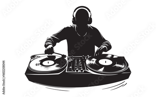 DJ Silhouette Mixing on Turntables Music Artist Vector Design