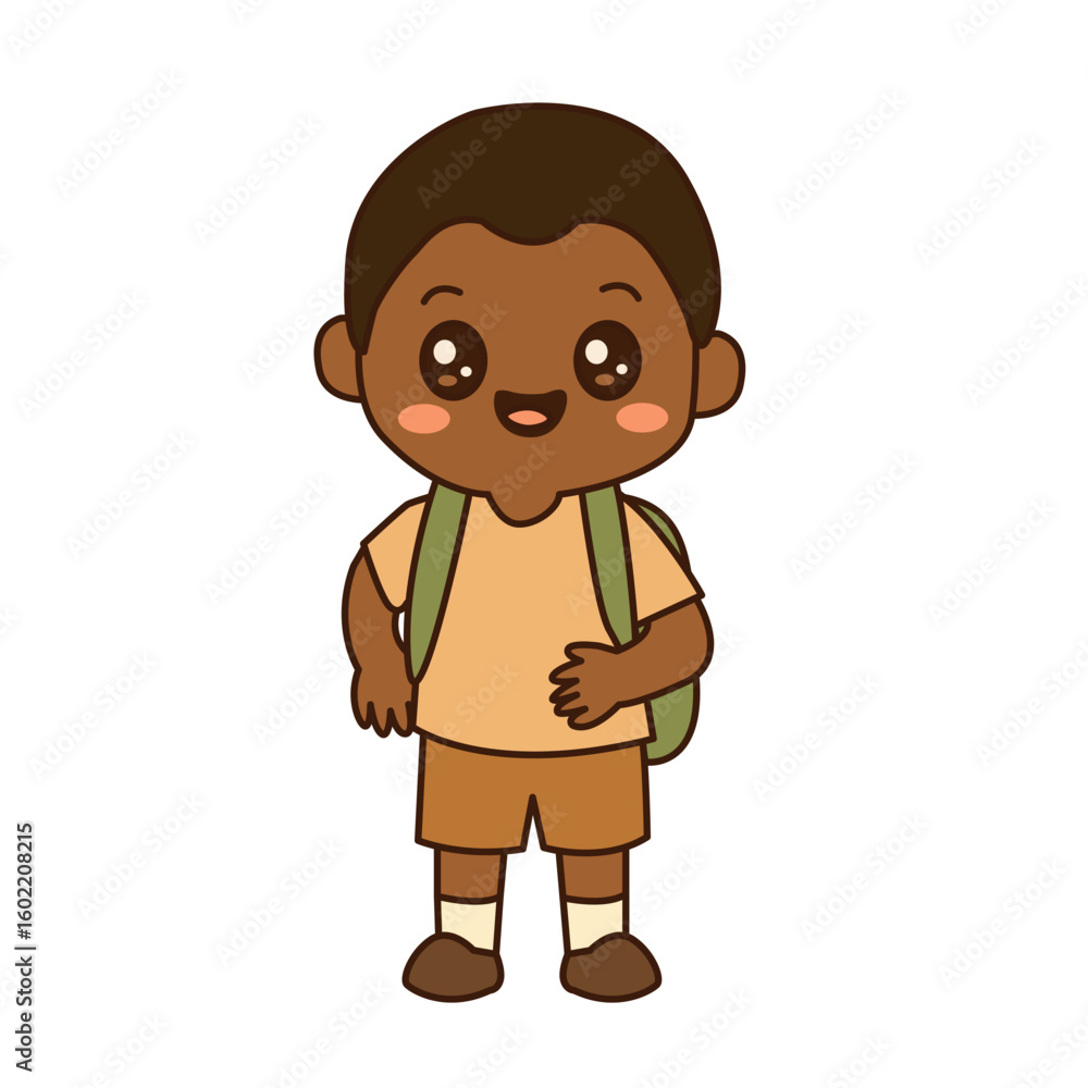 Fototapeta premium Adorable cartoon-style black school boy with a green backpack and school uniform. Perfect for educational, children’s books, posters, and back-to-school designs