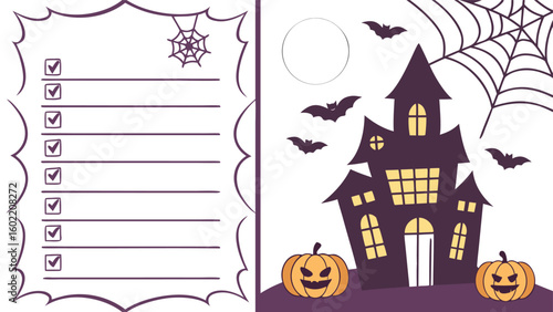 Halloween checklist with a spooky haunted house pumpkins bats and a spiderweb design for festive party planning or seasonal activities