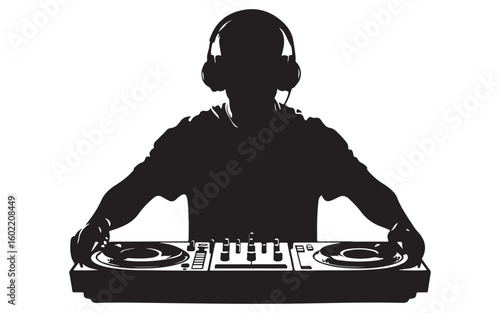 DJ Silhouette Mixing on Turntables Music Artist Vector Design