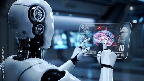 Advanced Ai Robot Examining Brain Data on Transparent Screen in a Futuristic White Room with Display Screen Technology Interface
