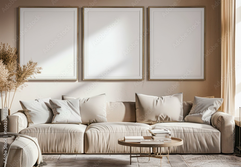 Naklejka premium Modern living room interior with three empty frames. sofa. coffee table. and plants