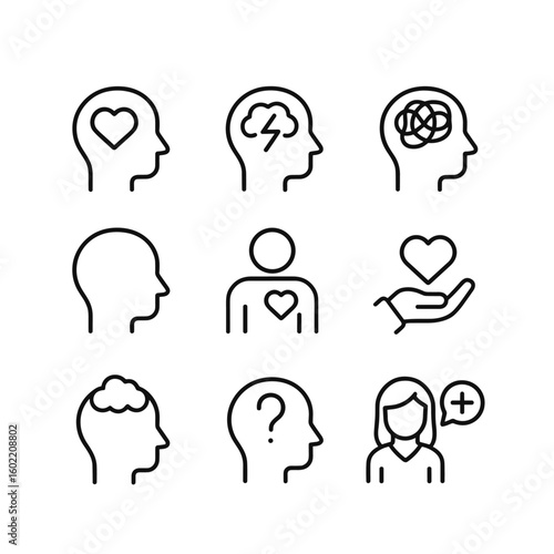 Psychology therapy mental wellness healthcare vector icons. Outline symbols. Line design