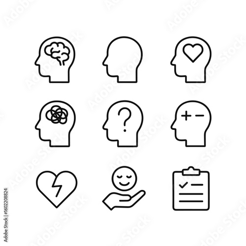 Brain psychology mental health medical vector icon set. Outline symbols. Line design