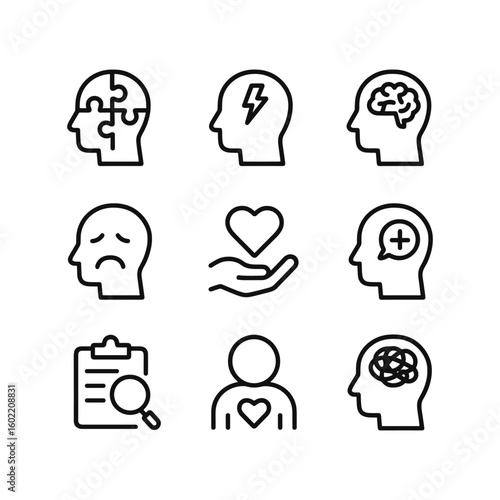 Healthcare mental wellness therapy support vector icons. Outline symbols. Line design