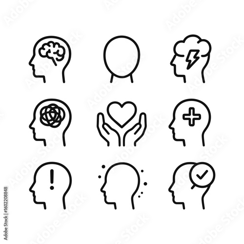 Medical mental health psychology care vector icon collection. Outline symbols. Line design