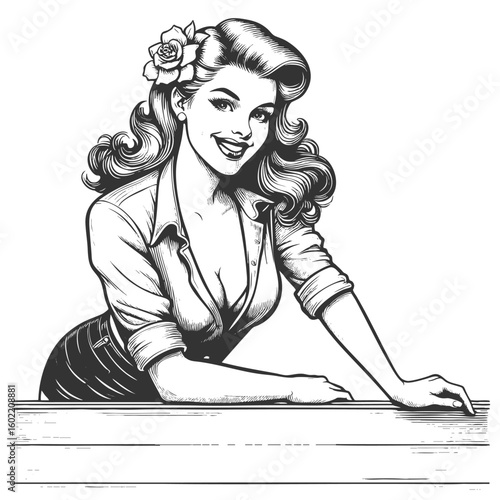 smiling woman with flower in hair leaning on a counter, radiating charm and confidence sketch engraving generative ai fictional character vector illustration. Scratch board. Black and white image.