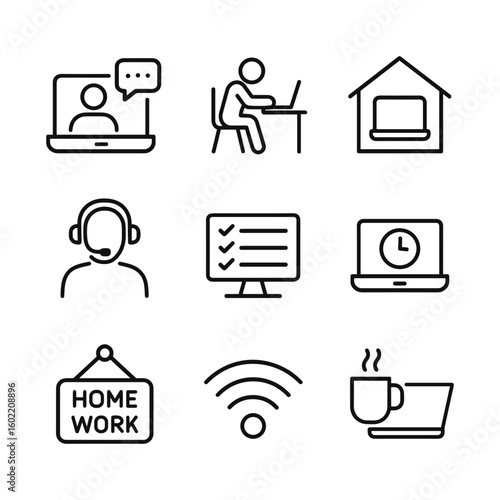 Virtual meeting remote collaboration business vector icons. Outline symbols. Line design