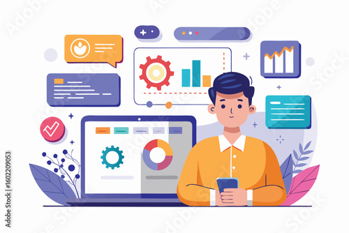Data analysis and technology utilization by a professional working on a laptop with graphical representations in a modern digital workspace environment