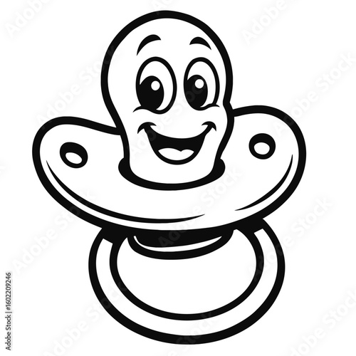 Joyful Cartoon Baby Pacifier Black and White Illustration