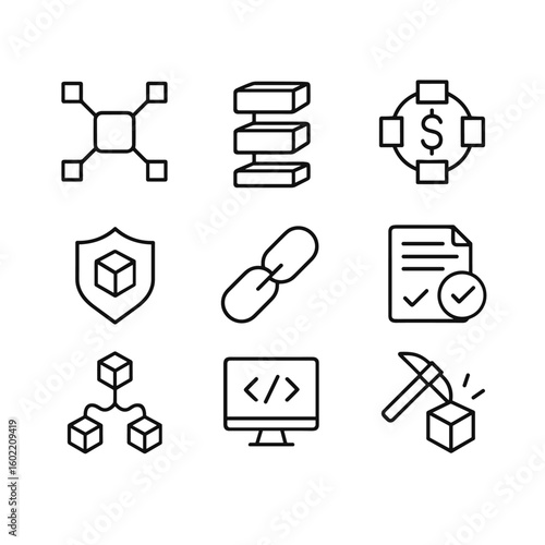 Crypto finance vector icons. Outline symbols. Line design