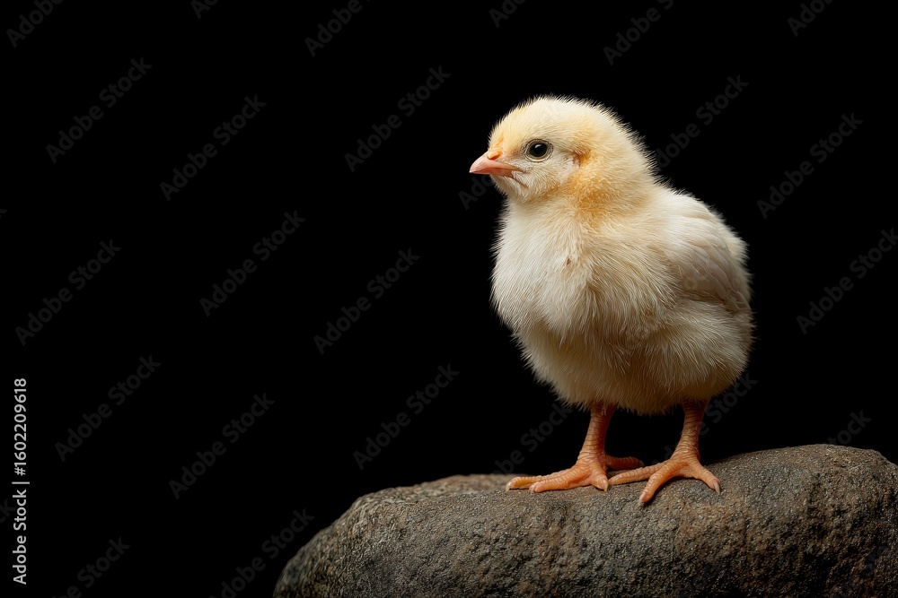 A fluffy light yellow chick stands on a grey rock looking left against a black background A fluffy light yellow chick stands on a grey rock looking left against a black background