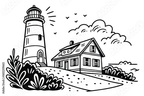 Lighthouse standing on a coastal hill with a nearby house surrounded by bushes and clouds under a bright sky
