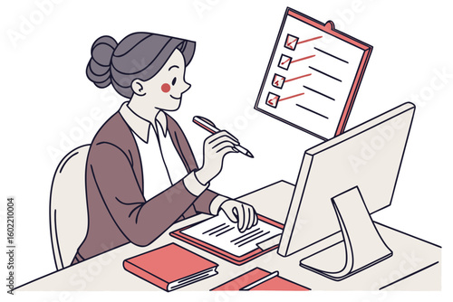 Working professional engages in task management while overseeing checklist on computer at home office setting portrayed in simple illustration