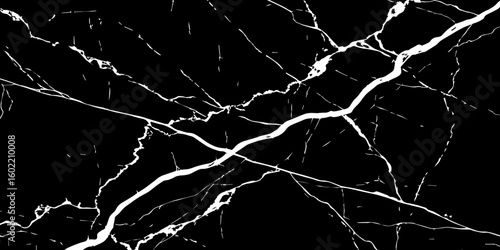 "A striking, high-contrast black and white abstract pattern resembling fractured glass or lightning bolts across a dark sky, emphasizing sharp lines and dynamic tension."