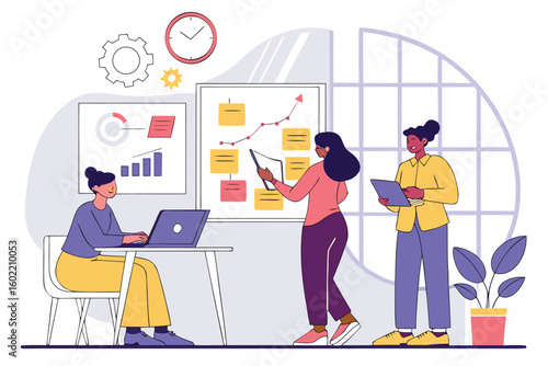 Team collaborating on project planning in a modern workspace with charts, graphs, and sticky notes