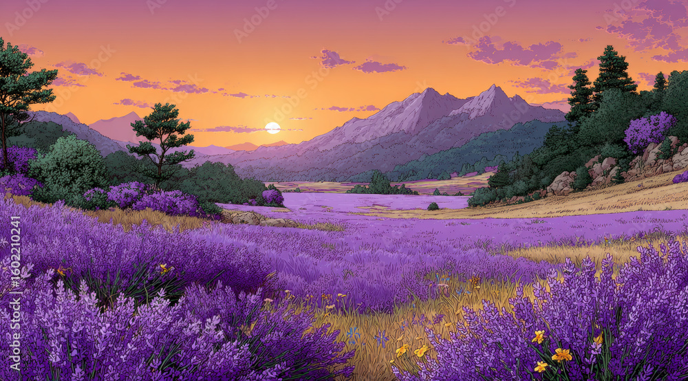 Lavender fields stretch under vibrant sunset with mountains in background, creating serene landscape Lavender fields stretch under vibrant sunset with mountains in background, creating serene landscape