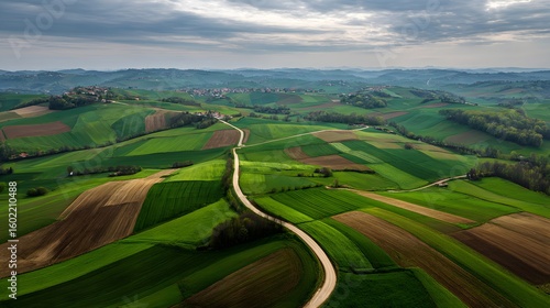 Traditional rural countryside landscape patchwork green fields winding dirt road dividing farmlands distant farmhouse cloudy sky viewed from birds eye scenic angle peaceful agricultural environment