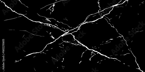 "A striking, high-contrast black and white abstract pattern resembling fractured glass or lightning bolts across a dark sky, emphasizing sharp lines and dynamic tension."