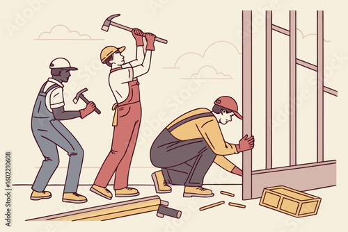 Workers construct a building structure with tools under a clear sky during daylight hours in a collaborative construction site
