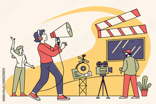 Creative team collaborates on film set with director giving instructions during production in modern studio setting