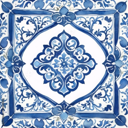 Watercolor Blue Tile Pattern on White Background Wallpaper Backdrop