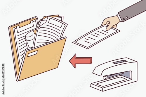 Organizing paperwork by stapling documents before filing in folder for improved efficiency and neatness in office environment