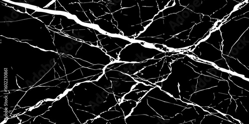 "A striking, high-contrast black and white abstract pattern resembling fractured glass or lightning bolts across a dark sky, emphasizing sharp lines and dynamic tension."