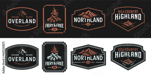 Rugged mountain adventure typography collection logos . Set of Vintage Outdoor mountains Summer Camp badges or Patches. vector emblem designs. Great for shirts, stamps, stickers logos and labels.