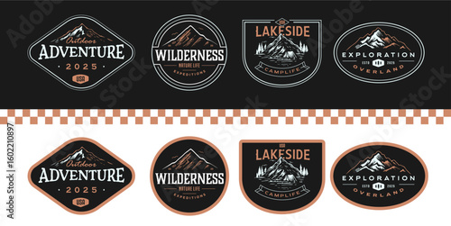 Rugged mountain adventure typography collection logos . Set of Vintage Outdoor mountains Summer Camp badges or Patches. vector emblem designs. Great for shirts, stamps, stickers logos and labels.