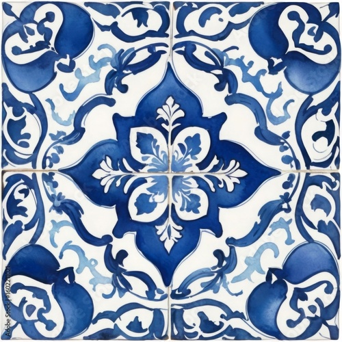 Watercolor Blue Tile Pattern on White Background Wallpaper Backdrop
