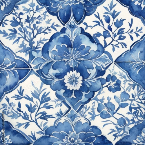 Watercolor Blue Tile Pattern on White Background Wallpaper Backdrop
