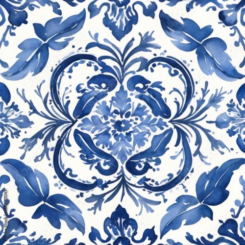 Watercolor Blue Tile Pattern on White Background Wallpaper Backdrop