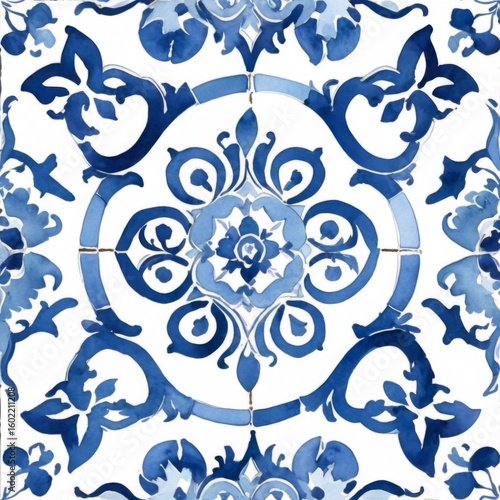 Watercolor Blue Tile Pattern on White Background Wallpaper Backdrop