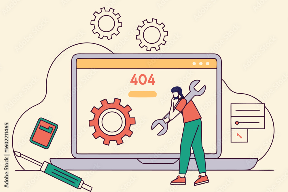 Error message and technical support illustration featuring a person working on a computer with gears and tools Error message and technical support illustration featuring a person working on a computer with gears and tools