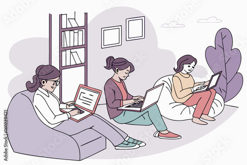 Group of women working on laptops in a cozy indoor space with a bookshelf and soft seating arrangements during the day