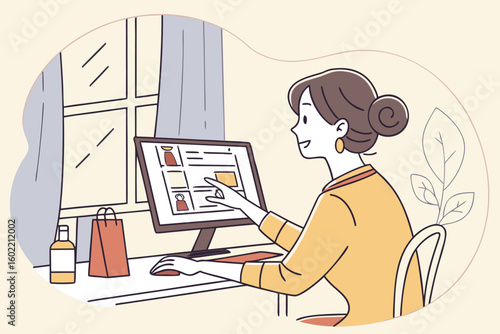 Woman working at a desk with a computer in a cozy room during daytime, focused on website browsing and online shopping activities