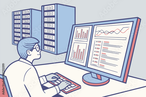 Data analyst working on complex data visualization and analysis in a modern office, utilizing charts and graphs to derive insights for informed decision-making