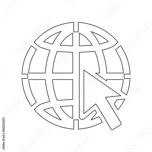 Global network internet globe icon with arrow pointer, digital web access symbol, modern website navigation vector illustration SVG.
