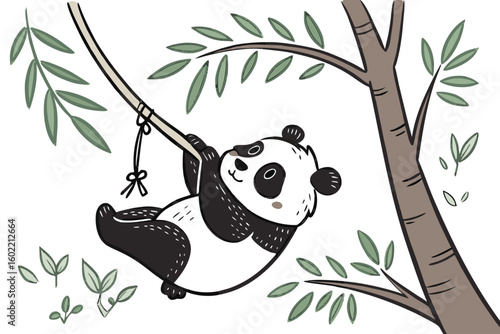 Cute panda swinging on a rope among green leaves in a cartoon style illustration during a bright and sunny day