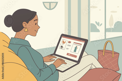 Woman shopping online for clothing while seated comfortably in a living room with a laptop and handbag during daytime hours