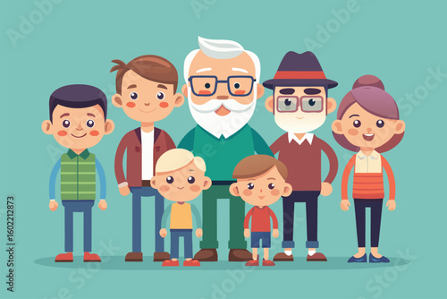 Family gathering featuring three generations of relatives posing together in a cheerful and colorful design against a teal background