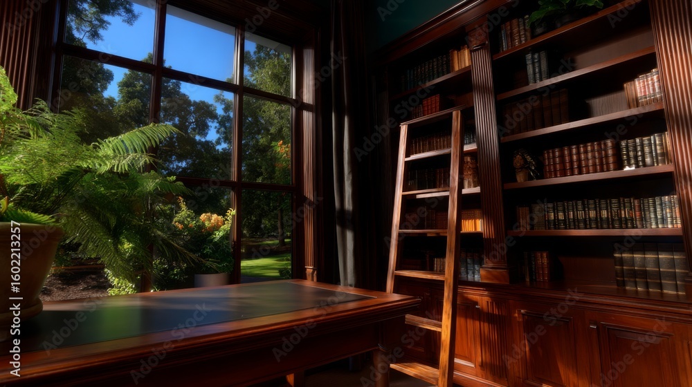 Fototapeta premium Elegant study room with bookshelves and natural light home office interior design cozy atmosphere indoor view tranquility