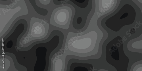 Abstract topographic map design with grayscale layers representing elevation contour lines and gradients suitable for backgrounds and visual designs.